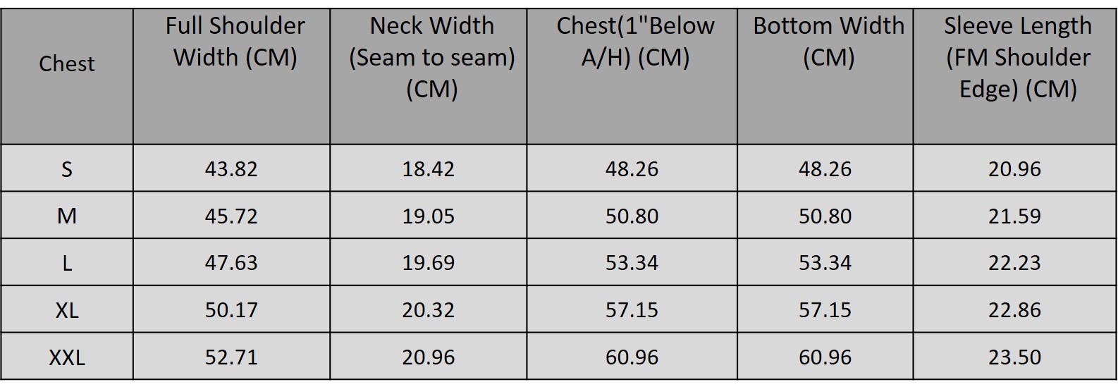 Size chart for 1025204