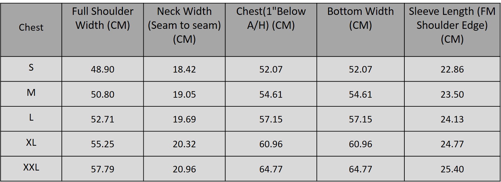 Size chart for 1025208