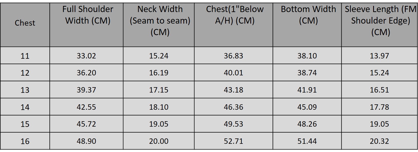 Size chart for 3025228