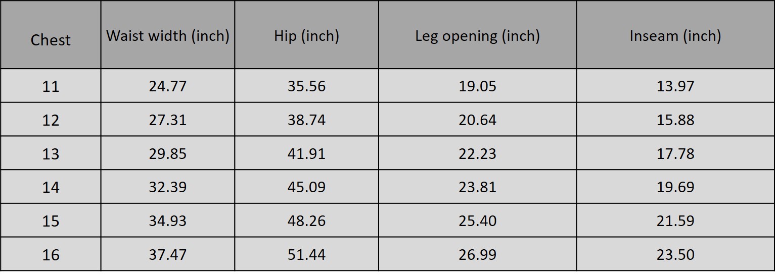 Size chart for 3105211