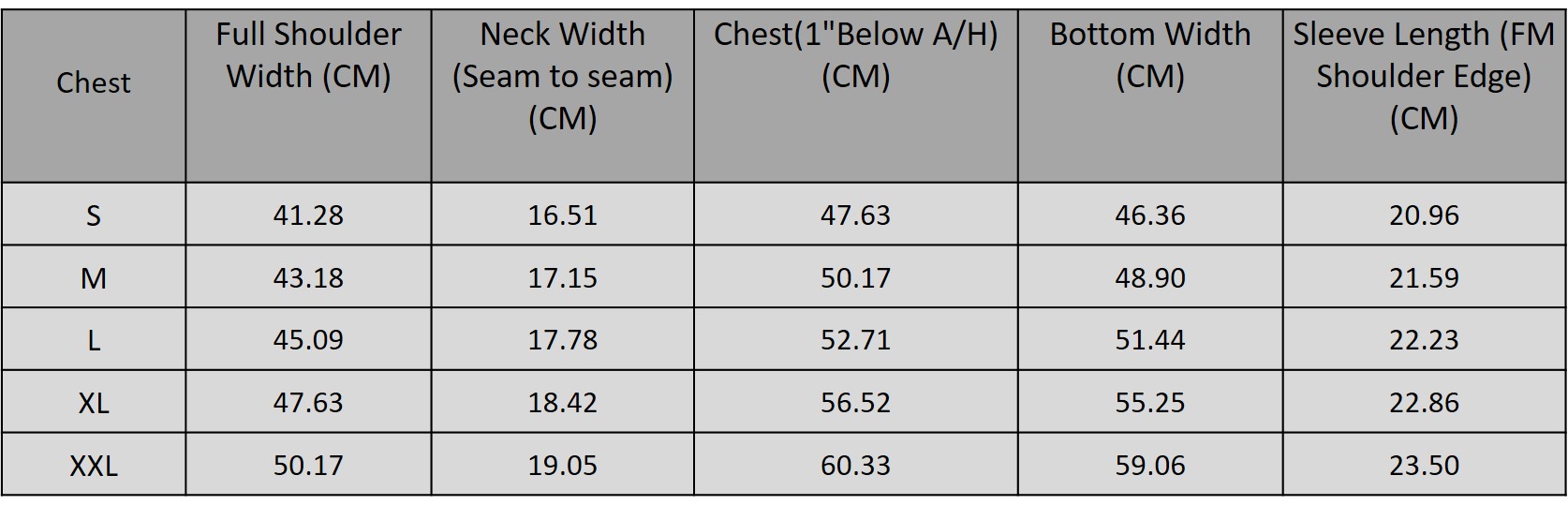 Size chart for 1015018