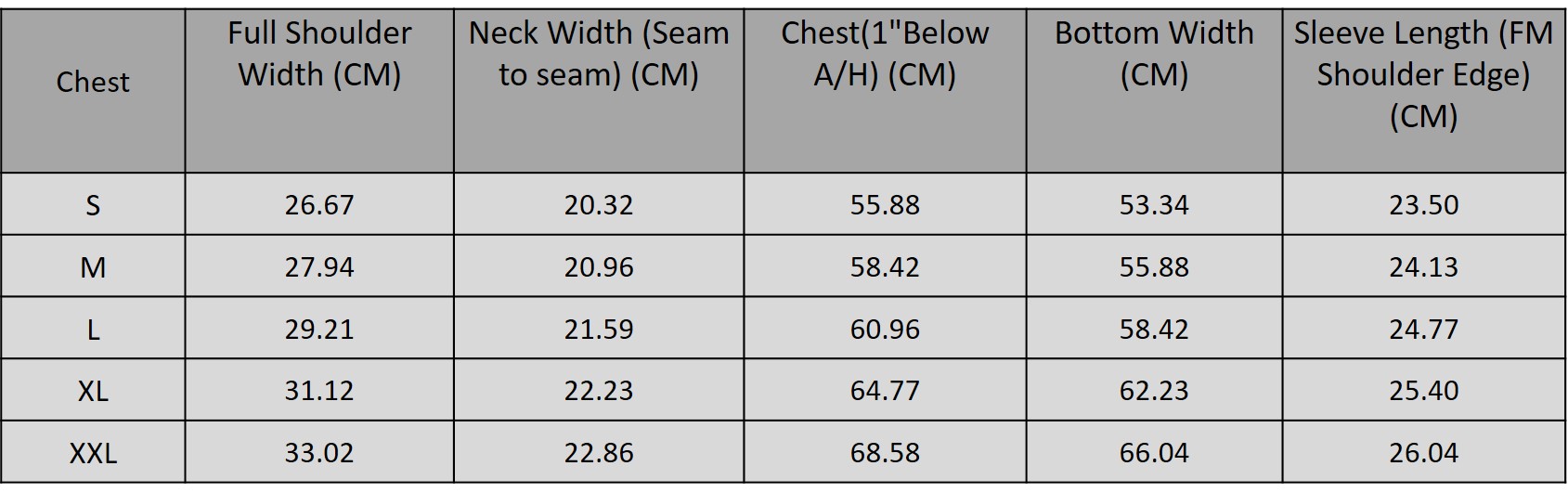 Size chart for 1025211