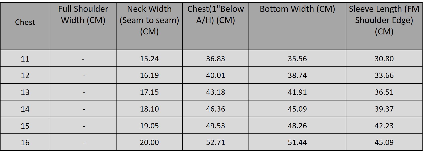 Size chart for 3025211
