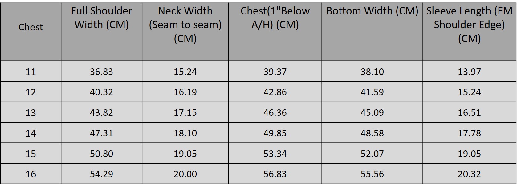 Size chart for 3025218