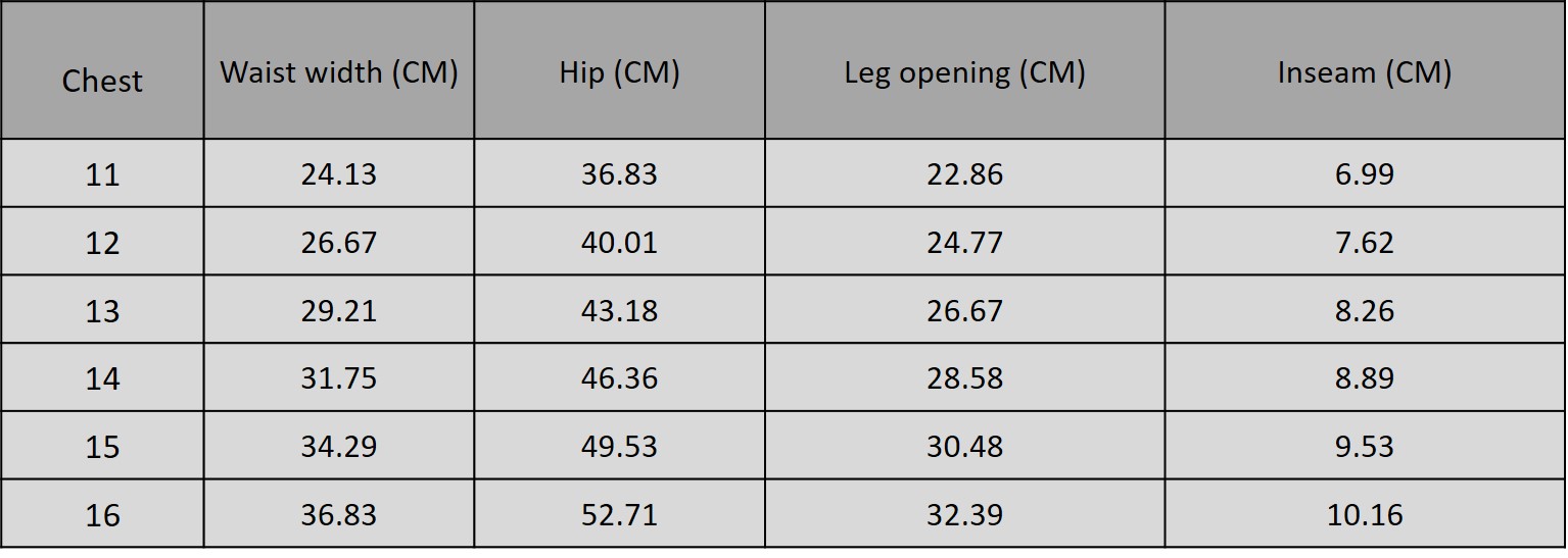 Size chart for 3405216