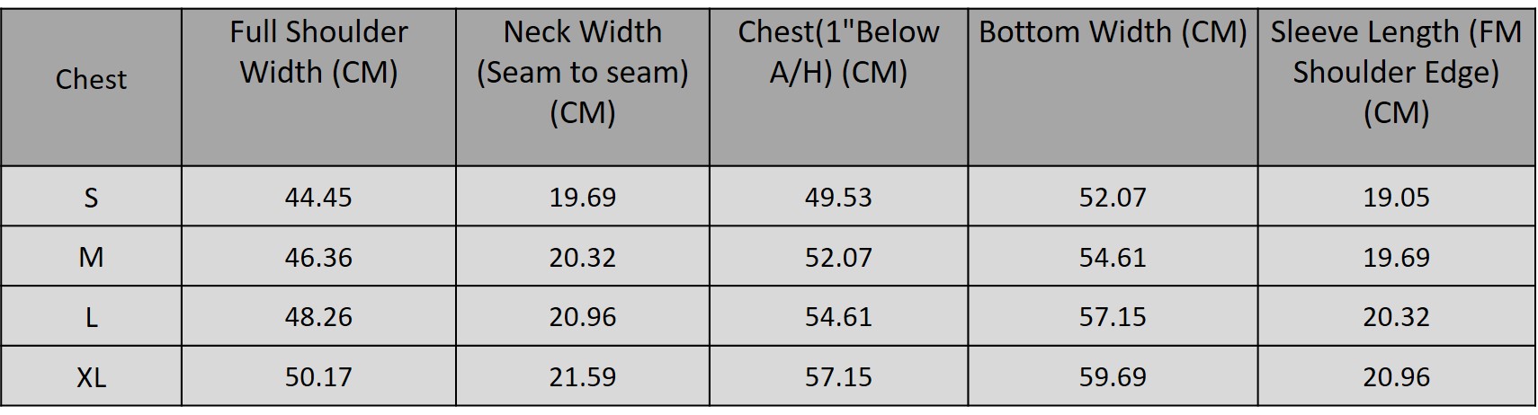 Size chart for 5395208